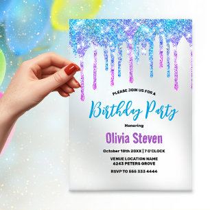 Invitations En Acrylique Joli anniversaire monogramme Glitter Drips violet 