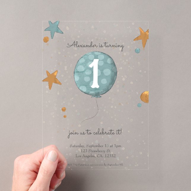 Invitations En Acrylique Joli ballon bleu pour premier anniversaire  (In situ (ordinateur de poche))