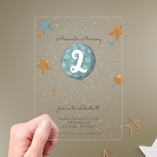 Invitations En Acrylique Joli ballon bleu pour un deuxième anniversaire