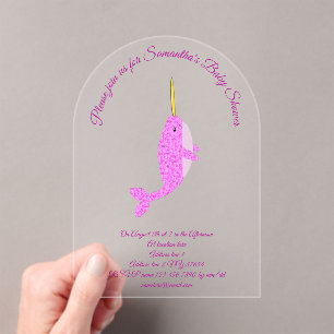 Invitations En Acrylique Joli bébé rose fille Narwhal Baby shower personnal