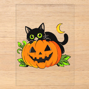 Invitations En Acrylique Joli chat noir sur citrouille Jack-O'-Lantern d'Ha