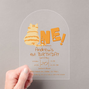 Invitations En Acrylique Joli Gros Chat Orange 1er Anniversaire