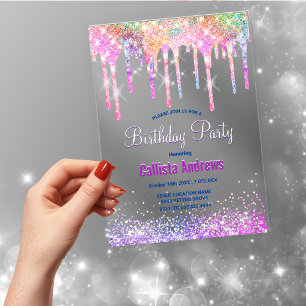 Invitations En Acrylique Joli licorne arc-en-ciel Paillettes Gouttes Annive