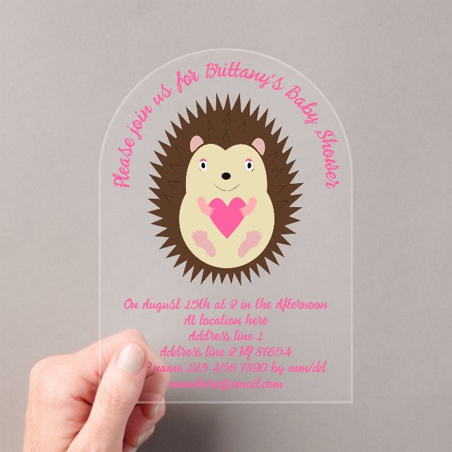 Invitations En Acrylique Jolie Baby Shower Hérisson Rose Fille (In situ (ordinateur de poche))