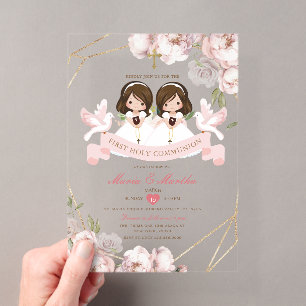 Invitations En Acrylique Jolie Fille JUMELLE Première Sainte Communion Rose
