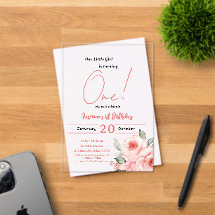 Invitations En Acrylique Jolie Rose Roseau Bébé Fille 1er Anniversaire