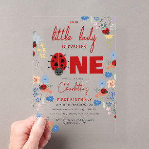 Invitations En Acrylique Jolies coccinelles Fleurs sauvages 1er Anniversair