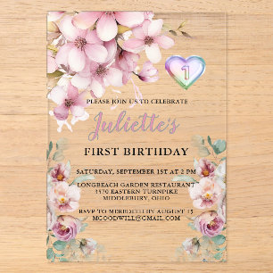 Invitations En Acrylique Jolies Fleurs Aquarelle Rose Premier Anniversaire