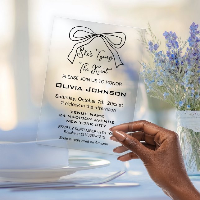 Invitations En Acrylique Jouer le noeud Fête des mariées noir (Modern Tying the Knot Black Bow Bridal Shower Acrylic Invitations)