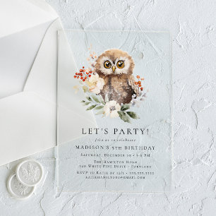 Invitations En Acrylique Joyeuse fête d'anniversaire de l'hibou à l'aquarel