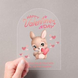 Invitations En Acrylique Joyeuse Saint-Valentin, lapin mignon amoureux écri