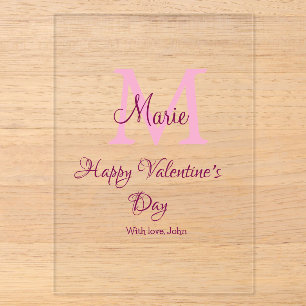 Invitations En Acrylique Joyeuse Saint-Valentin monogramme rose nom amour f