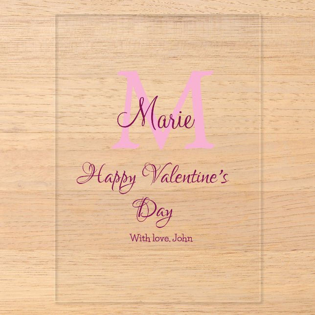 Invitations En Acrylique Joyeuse Saint-Valentin monogramme rose nom amour f (Recto)