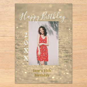 Invitations En Acrylique Joyeux 15e anniversaire photo nom année paillettes