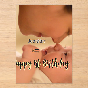 Invitations En Acrylique Joyeux 1er anniversaire enfants bébé mère noir jau