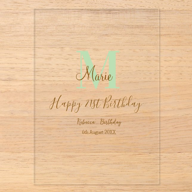 Invitations En Acrylique Joyeux 21e anniversaire vert ajouter nom monogramm (Recto)