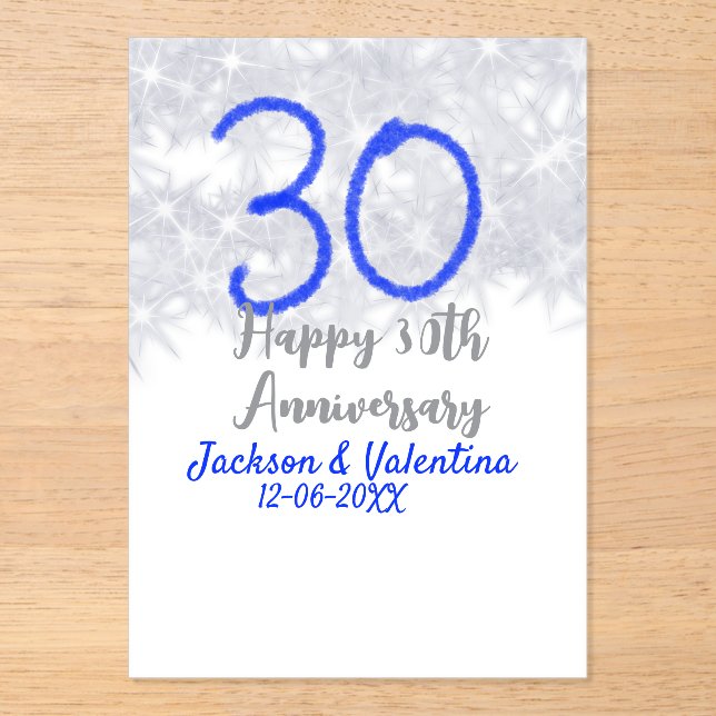Invitations En Acrylique Joyeux 30e anniversaire mariage argent bleu partie (Recto)
