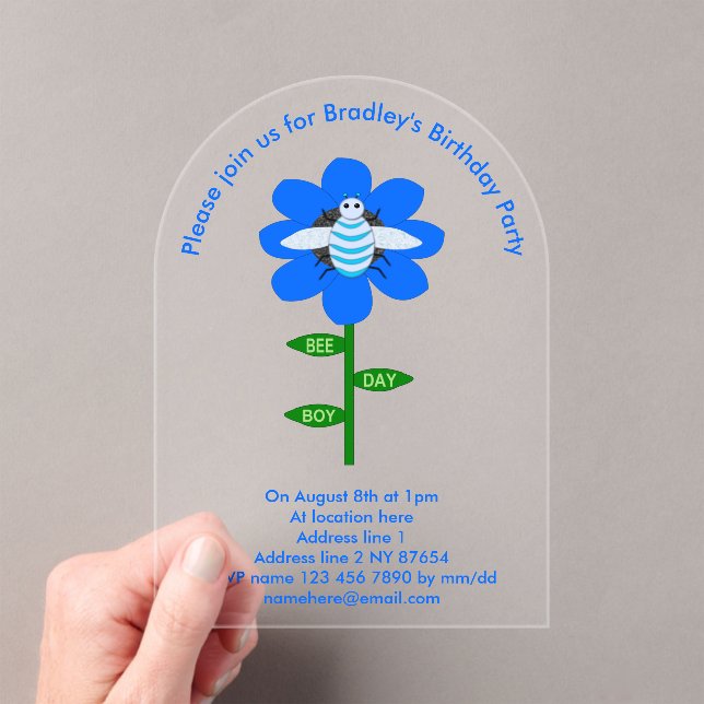 Invitations En Acrylique Joyeux Bee Day Boy Blue Birthday Bumblebee Custom (In situ (ordinateur de poche))