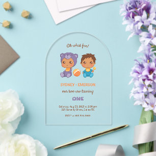 Invitations En Acrylique Jumeaux Bébés Premier Anniversaire Garçon Ours Vio