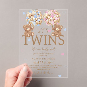 Invitations En Acrylique Jumeaux Fille Garçon Ours Ballons Baby Shower