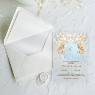Invitations En Acrylique Jumeaux garçons ours bleus ballons Baby Shower