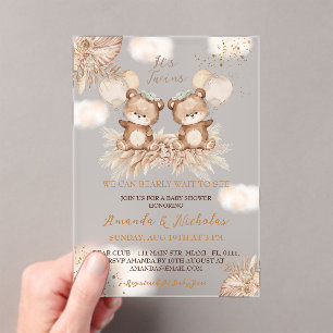 Invitations En Acrylique Jumeaux Ours Boho Neutre Baby Shower
