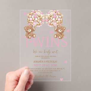 Invitations En Acrylique Jumelles Rose Foncé Ours Filles Ballons Baby Showe