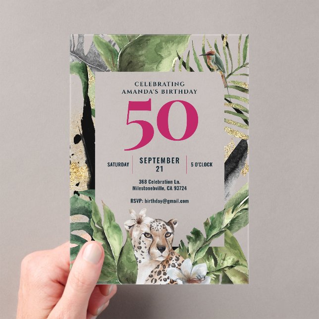 Invitations En Acrylique Jungle Leopard rose 50e anniversaire (In situ (ordinateur de poche))