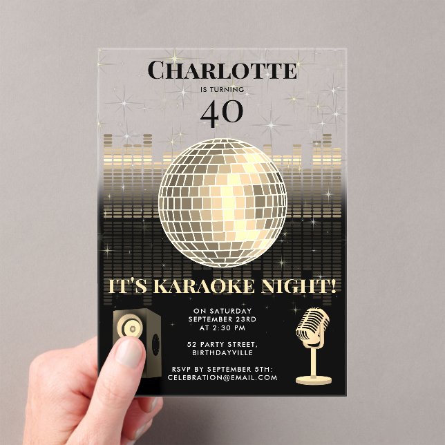 Invitations En Acrylique Karaoke Night Black Gold 40th Disco Birthday Party (In situ (ordinateur de poche))