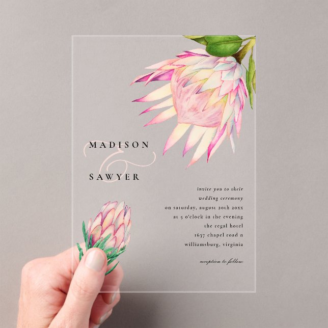 Invitations En Acrylique King Protea rose Aquarelle Mariage Floral (In situ (ordinateur de poche))