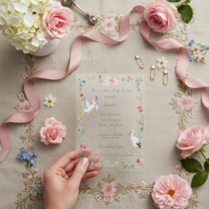 Invitations En Acrylique La Baby Shower Rose & Ruban Héritage de la cigogne