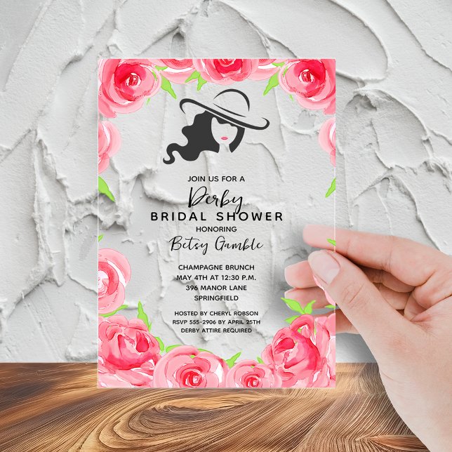 Invitations En Acrylique La grande Fête des mariées Casquette de la dame (Lady's big hat and roses bridal shower acrylic invitations - order clear or frosted)