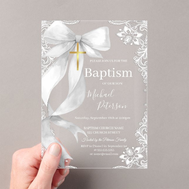 Invitations En Acrylique Lace Gold Cross Baptism White Bow (In situ (ordinateur de poche))