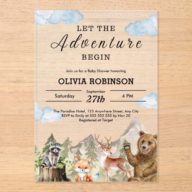 Invitations En Acrylique Laissez l'aventure commencer Mountain Boy Baby sho (Recto)