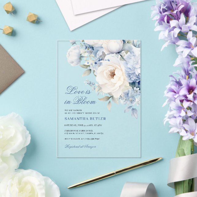 Invitations En Acrylique L'amour est dans la Fête des mariées Fleurs Bleues (Insitu (Mariage))