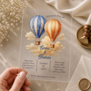 Invitations En Acrylique L'amour est dans l'air Voyage en montgolfière Mari