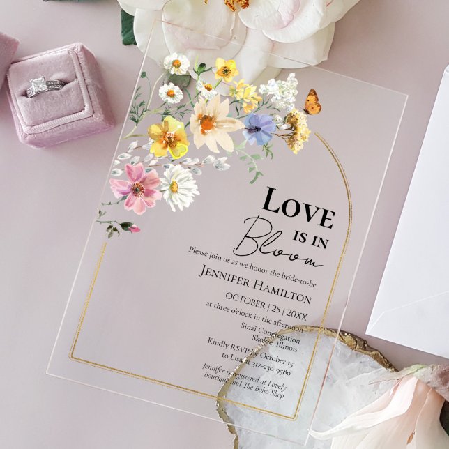 Invitations En Acrylique L'amour est en fleur | Fête des mariées fleur sauv (Créateur téléchargé)