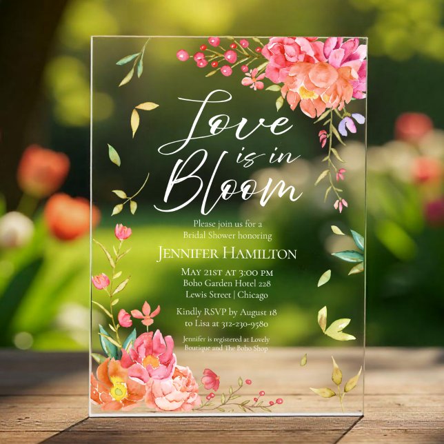 Invitations En Acrylique L'amour est en fleur | Fête des mariées florale aq (Créateur téléchargé)