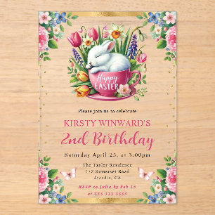 Invitations En Acrylique Lapin de Pâques aquarelle Fleurs de printemps Anni