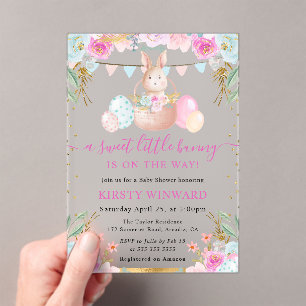 Invitations En Acrylique Lapin de Pâques et fleurs à l'aquarelle pour Baby