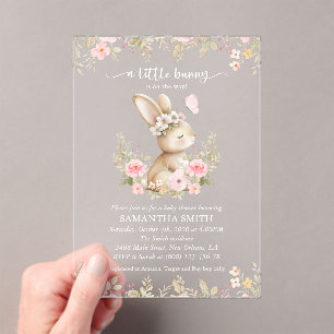 Invitations En Acrylique Lapin Mignon, Papillon, Fleurs Roses, Baby Shower