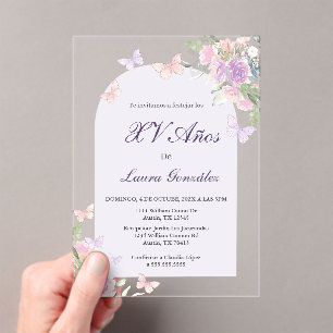 Invitations En Acrylique Lavande avec papillons Quinceanera espagnol Acry