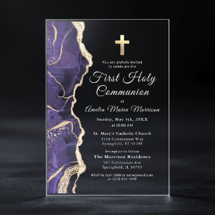 Invitations En Acrylique Lavande Purple Agate Première Sainte Communion Fil