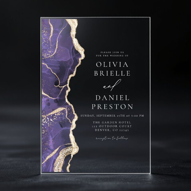 Invitations En Acrylique Lavande Purple Or Agate Élégant Mariage moderne (Créateur téléchargé)