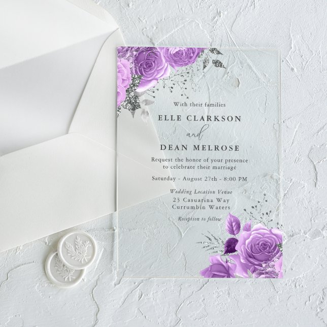 Invitations En Acrylique Lavande Purple & Silver Floral Mariage élégant (Créateur téléchargé)