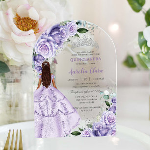 Invitations En Acrylique Lavande violette Floral Argent Quinceañera Sweet 1