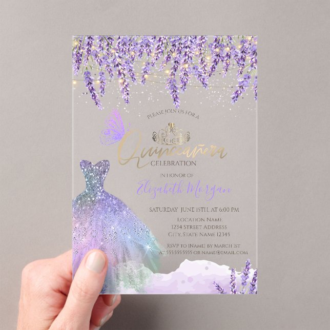 Invitations En Acrylique  Lavander,String Lights,Glitter Dress Quinceanera (In situ (ordinateur de poche))