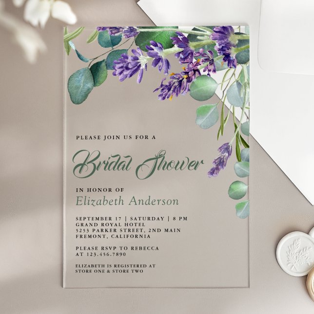 Invitations En Acrylique Lavender and Eucalyptus White Marble Bridal Shower (Créateur téléchargé)