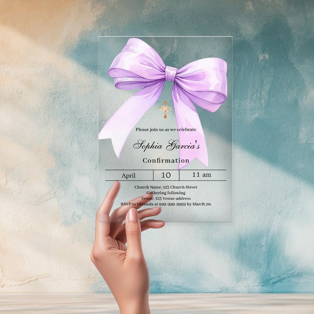 Invitations En Acrylique Lavender bow girl clear Confirmation (Créateur téléchargé)