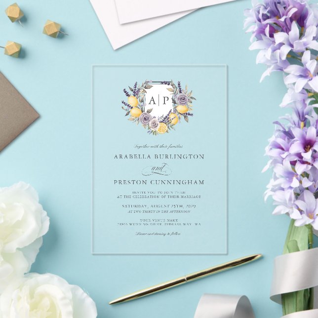 Invitations En Acrylique Lavender Lemon Monogram Floral Crest Mariage (Insitu (Mariage))